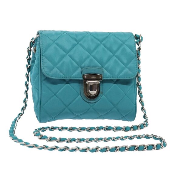 PRADA Chain Shoulder Bag Nylon Turquoise Blue Silver Auth 86958V - Picture 1 of 14